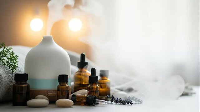 Ultrasonic aroma diffuser emitting mist with essential oil bottles and lavender flowers against a warm glowing background.