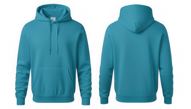 Blank vibrant teal blue hoodie front and back view isolated mockup isolated on transparent background