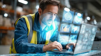 Data Analysis in the Warehouse: A focused warehouse worker engages with a digital interface overlaid on a laptop. displaying a rich array of data visualizations, charts, and diagrams. - Powered by Adobe