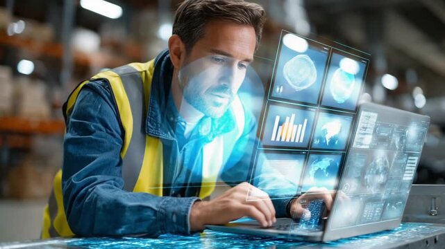 Data Analysis in the Warehouse: A focused warehouse worker engages with a digital interface overlaid on a laptop. displaying a rich array of data visualizations, charts, and diagrams. - Powered by Adobe