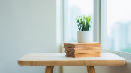 A minimalist wooden desk featuring a bamboo bookstand and a potted plant, styled in Scandinavian simplicity. lifestyle magazines.