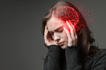 woman with headache holding her head in bain. red holographic brain symbolizing ache
