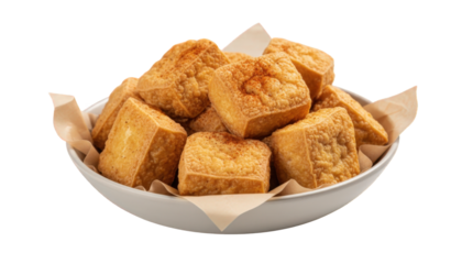 Bowl of fried tofu, a popular ingredient in asian cuisine