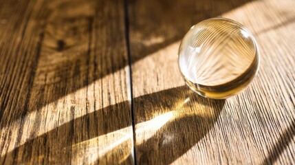 Glass paperweight magnifying light reflections on wood, symbolizing abstract financial concepts in a minimalist setting. pitch deck slides.