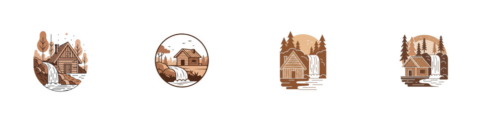 Illustrative wooden house designs in stylized round shapes  