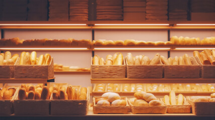 温かい照明の下、パン屋の棚に陳列された焼きたてのパン