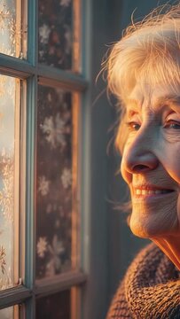 Vertical video: Woman in scarf peeling placing snowflake decals on window for winter, copy space