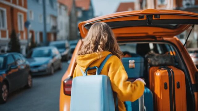 A young person in a yellow hoodie waves goodbye next to an open car trunk filled with luggage