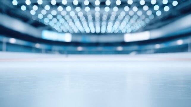 An empty hockey stadium with clean geometric lines and soft blue lighting creates a minimalist sports atmosphere. event key visuals, club posters, designed for fitness apps and gym onboarding. - Powered by Adobe