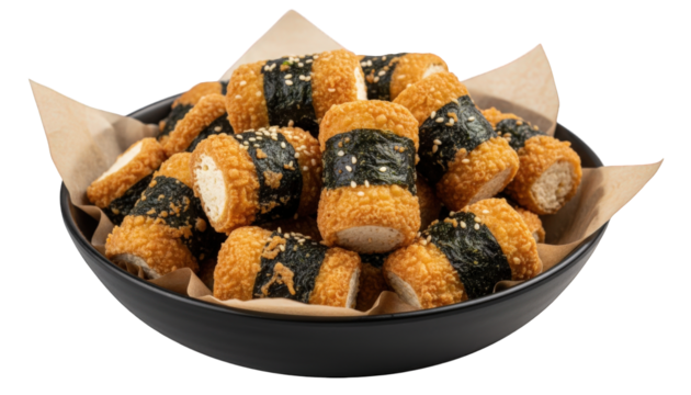 Bowl of crispy tofu bites wrapped in nori seaweed