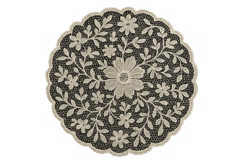 Decorative vintage lace doily with intricate floral embroidery pattern, elegant textile ornamentation on transparent background