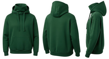 Dark green hoodie mockup, front, back, and side views apparel isolated on transparent background