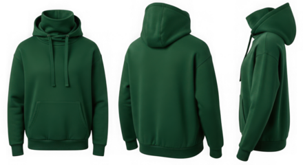 Dark green hoodie mockup, front, back, and side views apparel isolated on transparent background
