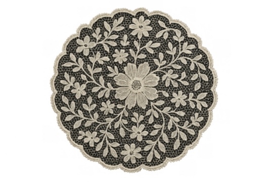Decorative vintage lace doily with intricate floral embroidery pattern, elegant textile ornamentation on transparent background