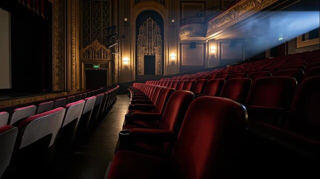 Empty concert hall interior with red velvet seats and illuminated projector light beam on screen for event.