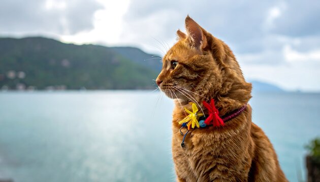 Focused ginger cat stares intently at ocean, wearing colorful, handcrafted collar against a scenic, blurred backdrop - Powered by Adobe