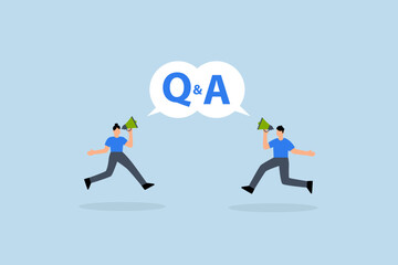 question and answer session, businessman and woman yelling into megaphone during Q and A in speech bubble.