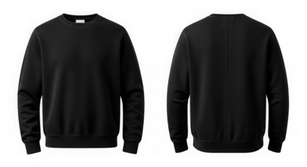 Empty black crew neck sweatshirt, front and back for branding. isolated on transparent background