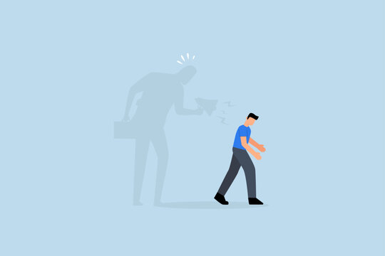 Self criticism, dejected entrepreneur casts shadow of self-accusation using megaphone.