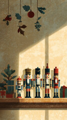 Wooden nutcracker figures with vibrant colors stand proudly on a mantelpiece, capturing the charm of retro Christmas decorations from the 50s and 60s