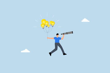 Business ideas, businessman flying with lightbulb balloons and telescope.