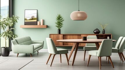 Fototapeta premium A stylish interior featuring mint-green walls, modern furniture, and decorative plants, creating a serene and inviting atmosphere.