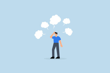 Too many thinking ideas, businessman thinking with many thinking bubbles.