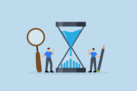Time management analysis, Business professionals, project managers, and analysts examine a time graph represented in an hourglass.