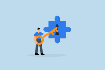 businessman turn key into jigsaw puzzle keyhole.