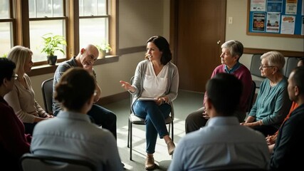 Woman counselor leading a group therapy session with diverse adults. Mental health support and community discussion for well-being. - Powered by Adobe