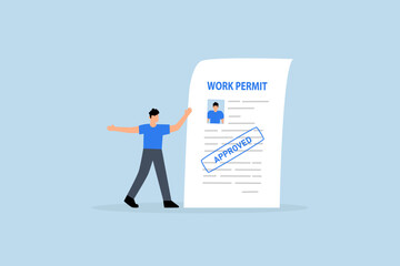 Work permit document approved, businessman employee with approved work permit paper.
