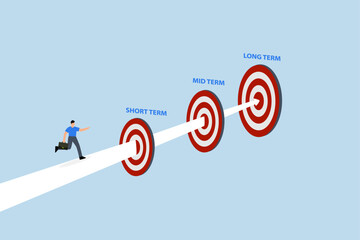 businessman running to short, medium and long term goal