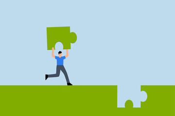 businessman complete last missing jigsaw puzzle piece.