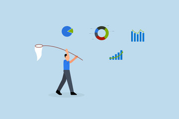Collect data, businessman catch data graph and chart with butterfly net.