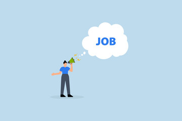 Job advertising, businesswoman announce jobs on megaphone.