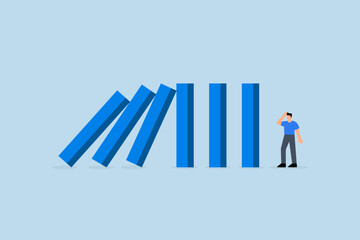 Risk management, bravery entrepreneur contemplating the falling domino impact.