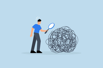 Analyze problem finding solution, businessman analyze mess with magnifying glass.