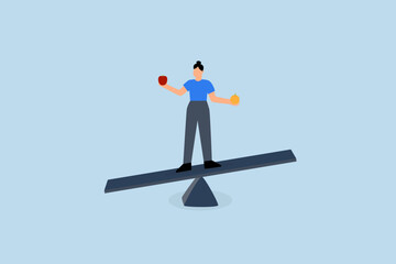 Comparison, businesswoman balances on seesaw while comparing orange and apple.