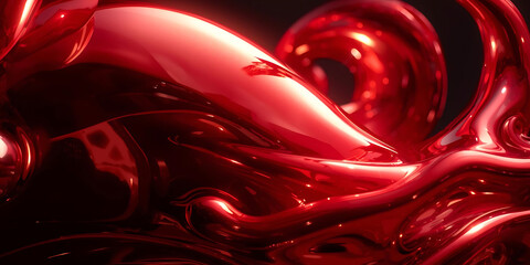Abstract glossy red liquid with smooth flowing curves and reflective surfaces creating fluid elegant effect