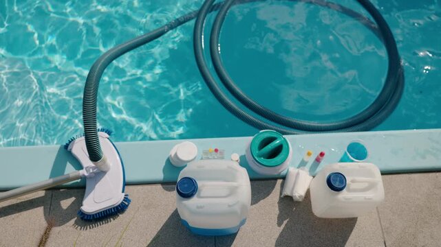 Pool cleaning setup with vacuum hose, brush, chemical containers, and testing tools placed on the pool edge for maintenance.