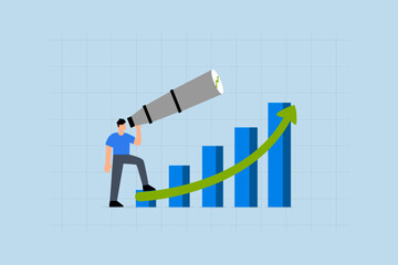 Economic growth forecast, businessman look on telescope on growth chart diagram.