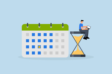 Calendar deadline to finish work, Businesswoman using laptop on desk with hourglass and calendar date.