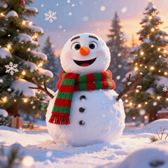 Snowman smiling in winter landscape with snow and Christmas lights  