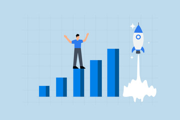Boost rocket to business growing fast, businessman on growth chart launching rocket.