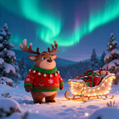 Cartoon reindeer wearing sweater standing by sleigh with gifts in snow  