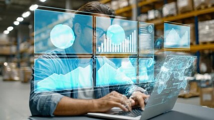 Smart Technology in the Warehouse: A focused individual utilizes advanced technology to analyze real-time data and manage the logistics operations within a state-of-the-art warehouse facility. - Powered by Adobe