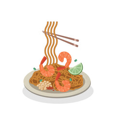 Pad Thai with shrimp, Asian cuisine, Thailand, vector illustration
