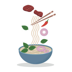 Pho Bo, Asian cuisine, Vietnam, vector illustration