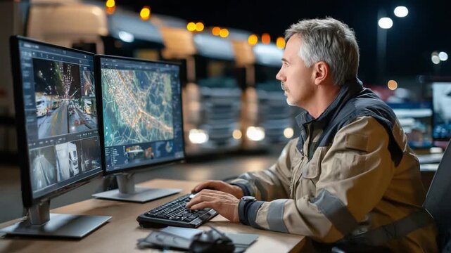 Logistics Management Center: An experienced technician meticulously monitors screens displaying real-time data and surveillance footage, ensuring seamless operations in a modern control room.