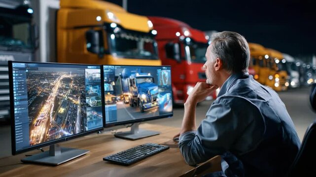 Trucking Operation: A focused individual intently monitors multiple screens displaying data and visuals related to the trucking operation, ensuring efficient logistics and optimal performance.